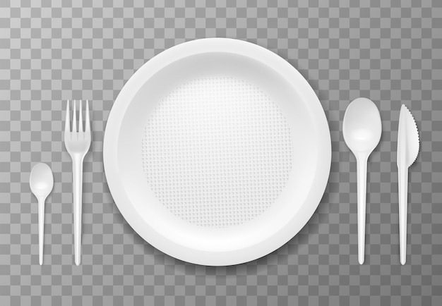Mesa con vajilla desechable en fondo transparente ilustración vectorial realista