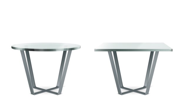 Mesas modernas con tapa de cristal redonda y cuadrada. Conjunto realista de mesa de cóctel, café o comedor con patas cruzadas de metal y tapa de plexiglás transparente aislado sobre fondo blanco.