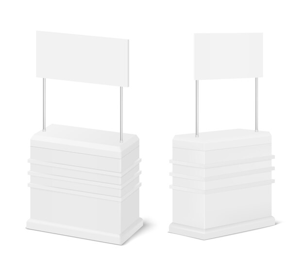 Mesas de mostrador de promoción, exhibiciones comerciales de exhibición portátiles. Quiosco minorista, plantillas de stand de información. Stand de promoción en blanco para presentaciones comerciales o anuncios. Ilustración de vector 3d realista