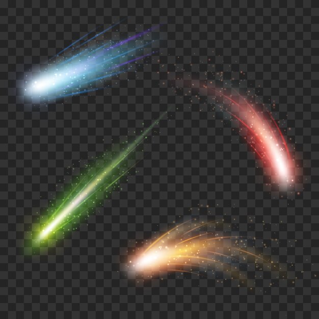 Meteorito de vector de color y cometa sobre fondo transparente a cuadros. Estrella de otoño en el espacio, ciencia de fantasía en el cosmos, color de asteroide en galaxia
