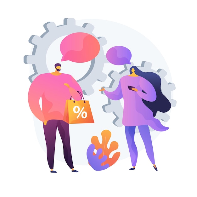 Método de venta cara a cara. Compras personalizadas, asistente de ventas y cooperación del comprador, promoción de ventas. Estrategia de marketing personalizada. Ilustración de metáfora de concepto aislado de vector