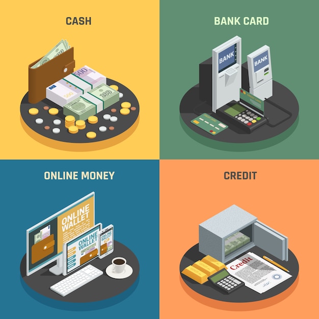 Métodos de pago 4 iconos isométricos cuadrados con tarjetas bancarias de crédito en efectivo y transacciones en línea aisladas