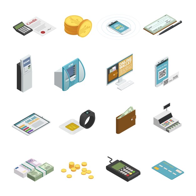 Métodos de pago colección de iconos isométricos con efectivo billetes monedas tarjetas de crédito y teléfonos inteligentes aislados