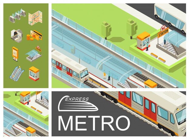 Metro colorido isométrico composición con estación de metro pasajeros trenes cabina de boletos de autobús tarjetas de viaje mapa escaleras mecánicas túnel torniquetes panel de información