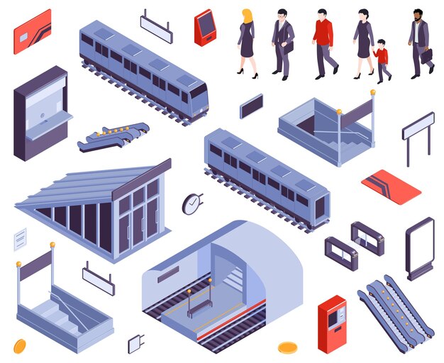 Metro estaciones de metro entrada entrada puerta salida escaleras escaleras mecánicas tren vagón ferrocarril gente conjunto isométrico ilustración