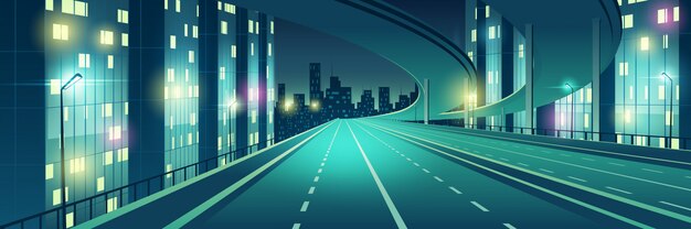Metrópolis nocturna vacía, de cuatro carriles, iluminada con luces de la calle, autopista de la velocidad, autopista de la ciudad con paso elevado o puente arriba, yendo a edificios de rascacielos en el horizonte ilustración vectorial de dibujos animados