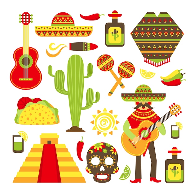 México viajes símbolos decorativos icono conjunto aislado ilustración vectorial