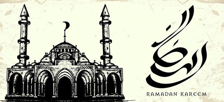 Vector gratuito mezquita de boceto de dibujo a mano ilustración vectorial para banner y plantilla de tarjeta de felicitación de volante de cartel de ramadán