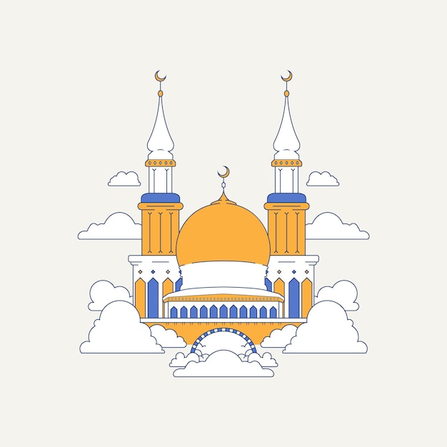 Vector gratuito mezquita y nube ilustración de arte de línea minimalista arquitectura árabe fondo ornamental