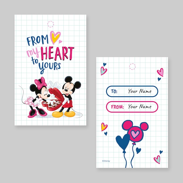 Vector gratuito mickey y minnie mouse con una etiqueta de regalo de san valentín.