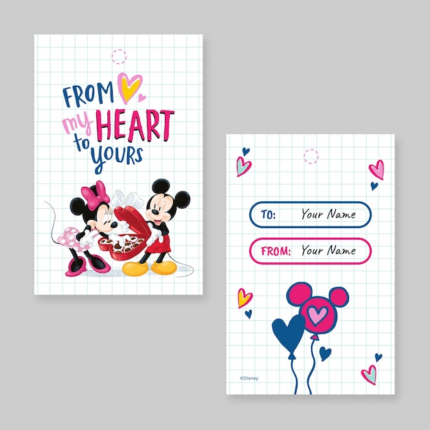 Mickey y Minnie Mouse con una etiqueta de regalo de San Valentín.