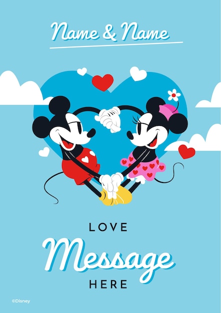 Vector gratuito mickey y minnie mouse en la tarjeta de feliz día de san valentín.