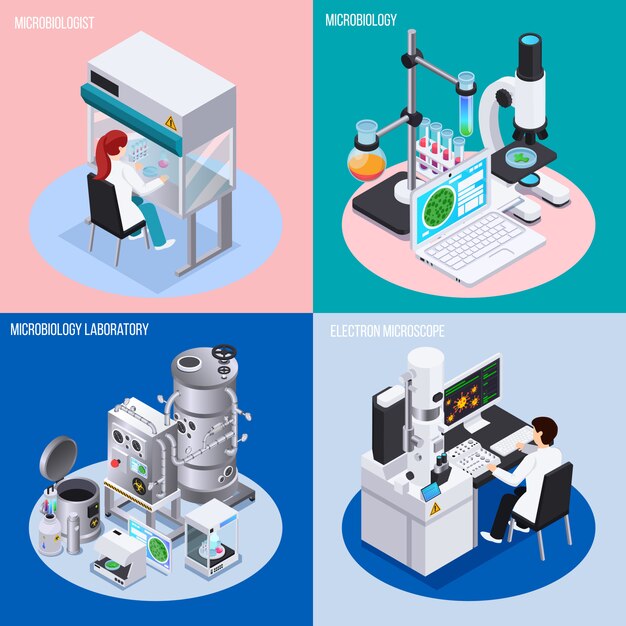 Microbiología laboratorio concepto conjunto de objetos para experimentos científicos vasos y matraces isométricos