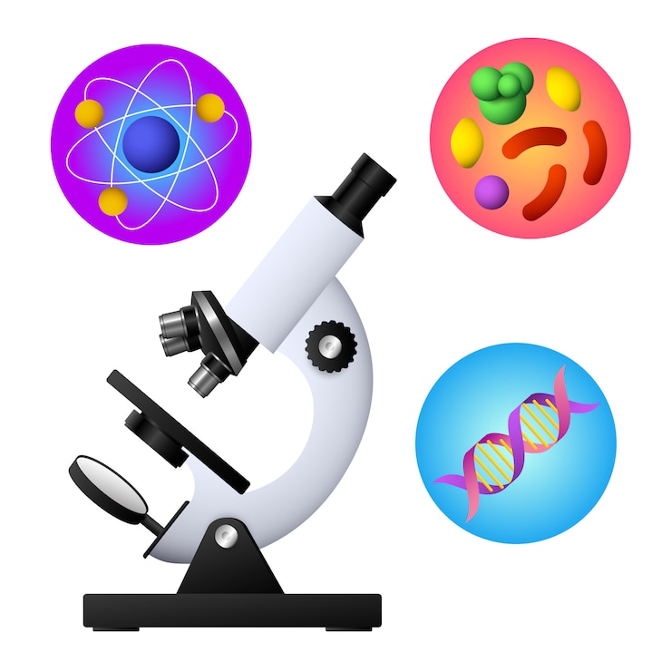 Vector gratuito microscopio, adn, bacteria y vector átomo.