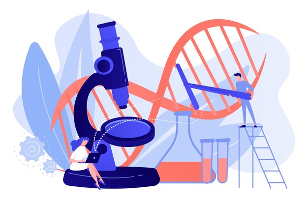 Microscopio y científicos cambiando la estructura del ADN. Concepto de ingeniería genética, modificación genética y manipulación genética sobre fondo blanco. Ilustración aislada de bluevector coral rosado