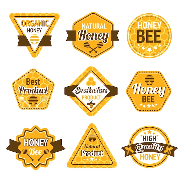 Vector gratuito miel mejores etiquetas de productos ecológicos de alta calidad conjunto de ilustración vectorial aislados