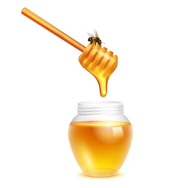 Miel que gotea del palillo del cazo con la abeja en concepto de diseño realista del tarro de cristal en el fondo blanco