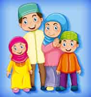 Vector gratuito miembro de la familia musulmana sobre fondo degradado de color de personaje de dibujos animados