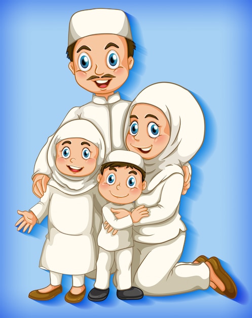 Miembro de la familia musulmana sobre fondo degradado de color de personaje de dibujos animados