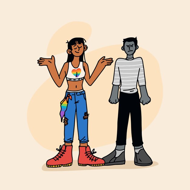 Miembro lgbt colorido y persona homofóbica en blanco y negro enojada ilustrada