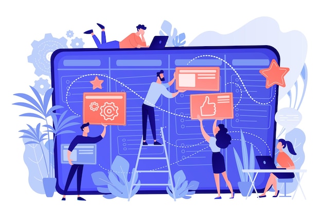 Miembros del equipo moviendo tarjetas en un gran tablero kanban