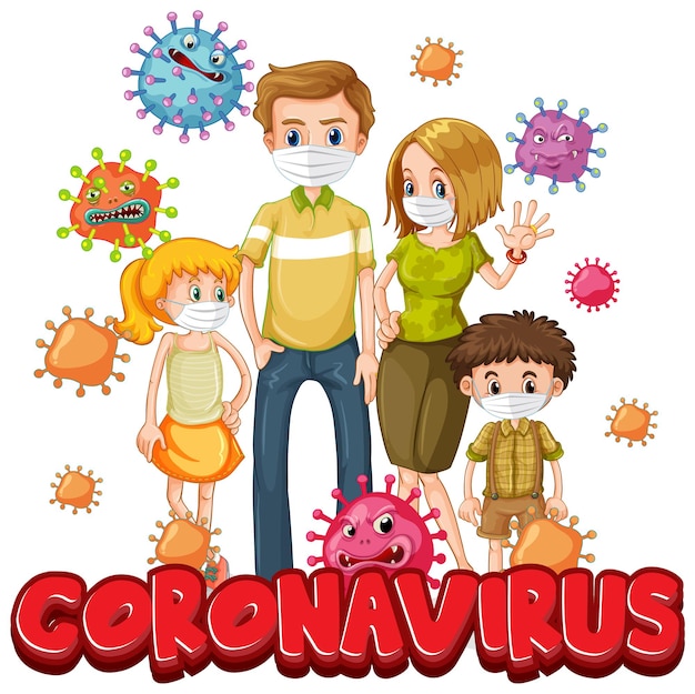 Vector gratuito miembros de la familia con máscara con fuente coronavirus