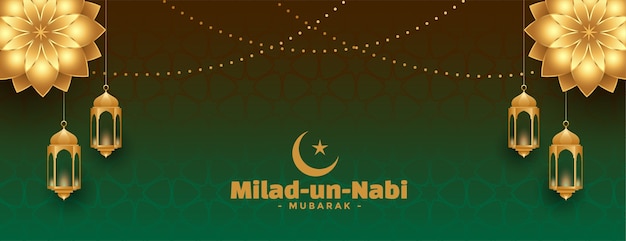 Milad un nabi mubarak desea pancarta con flor dorada