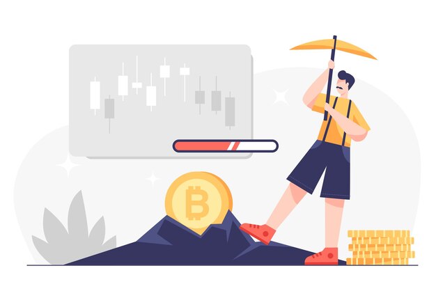 Minería de bitcoin (minería de criptomonedas) Los inversores invierten en tecnología bitcoin, compran computadoras para extraer bitcoins para enriquecerse. Diseño plano de ilustración de dibujos animados de vector