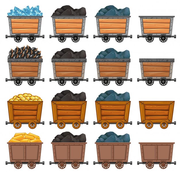 Minería carritos cargados de piedra y oro ilustración