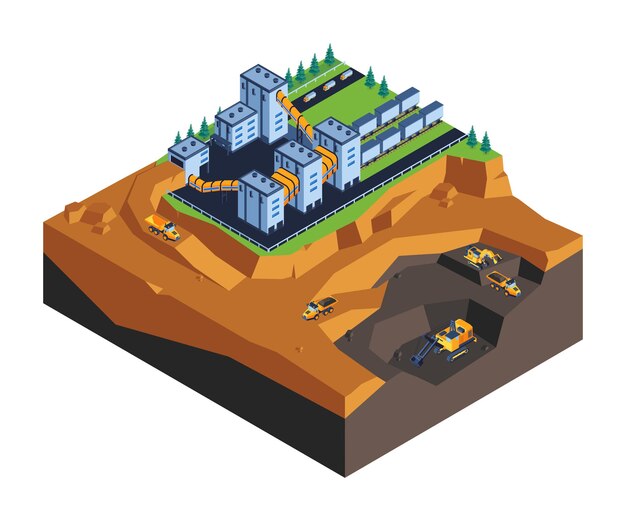 Minería a cielo abierto instalaciones de extracción y procesamiento de minerales excavadoras camiones maquinaria de carga de mineral composición isométrica ilustración