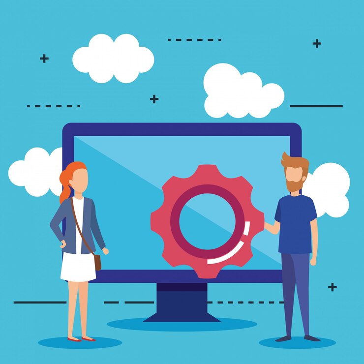 Vector gratuito mini personas con computadora y equipo