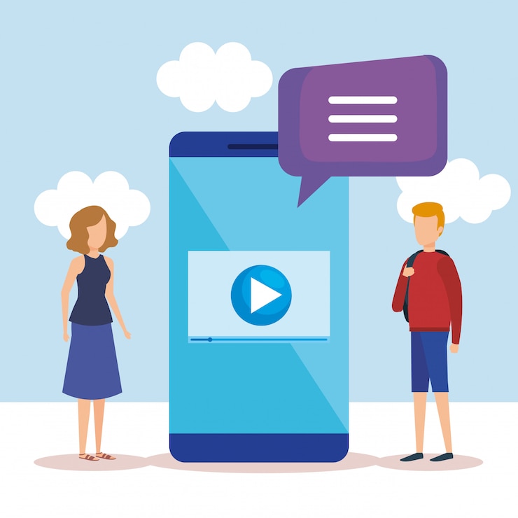 Vector gratuito mini personas con teléfono inteligente y bocadillo