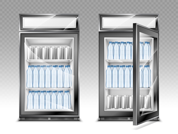 Mini refrigerador con botellas de agua y bebidas, refrigerador con pantalla digital publicitaria y transparente.