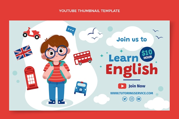 Vector gratuito miniatura plana de youtube para lecciones de aprendizaje de inglés