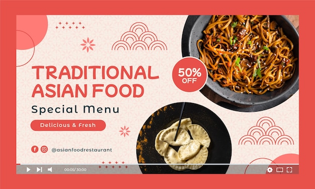 Miniatura de youtube de comida asiática de diseño plano