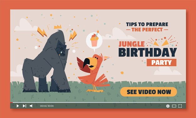 Vector gratuito miniatura de youtube de cumpleaños de selva de diseño plano