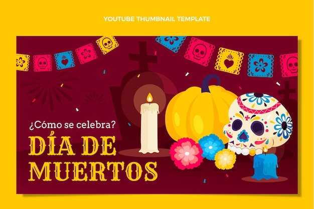 Miniatura de youtube de dia de muertos plana dibujada a mano