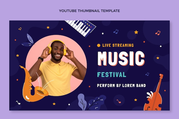 Vector gratuito miniatura de youtube del festival de música dibujada a mano