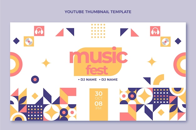 Vector gratuito miniatura de youtube del festival de música de mosaico de diseño plano