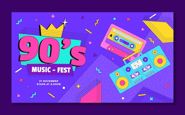 Vector gratuito miniatura de youtube del festival de música nostálgico de los 90 de diseño plano