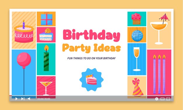 Miniatura de youtube de fiesta de cumpleaños de diseño plano