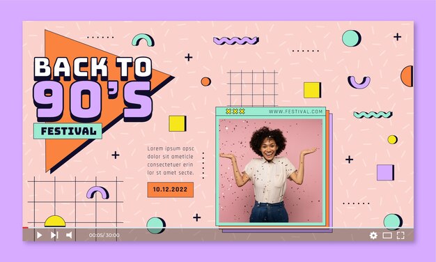 Miniatura de youtube de fiesta retro de los 90 de diseño plano