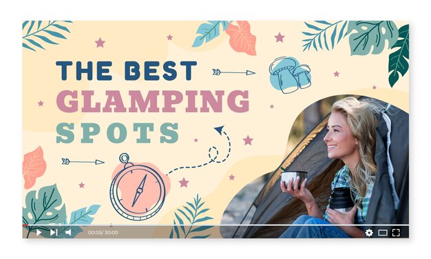 Miniatura de youtube de glamping de diseño plano dibujado a mano