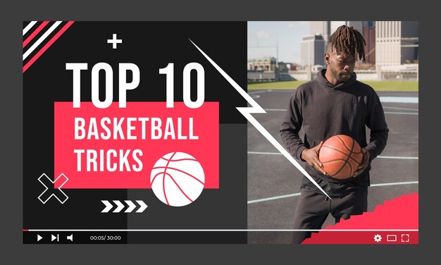 Miniatura de youtube de trucos de baloncesto de diseño plano