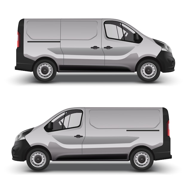 Minivan de entrega gris, minibus de ciudad vista derecha e izquierda, con sombra Vector Premium 