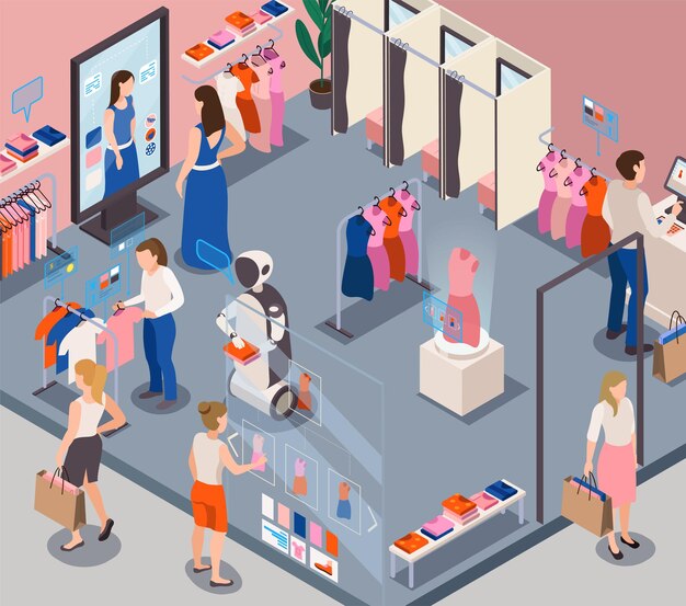 Minorista de tienda de moda moderna con robots de servicio que brindan asistencia al cliente personal ilustración isométrica