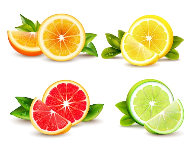 Vector gratuito mitades de cítricos y cuñas de un cuarto 4 iconos realistas cuadrados con aislante de naranja de pomelo naranja