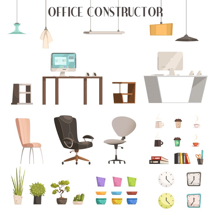 Vector gratuito mobiliario interior moderno y accesorios iconos de estilo de dibujos animados para la renovación de la oficina de moda