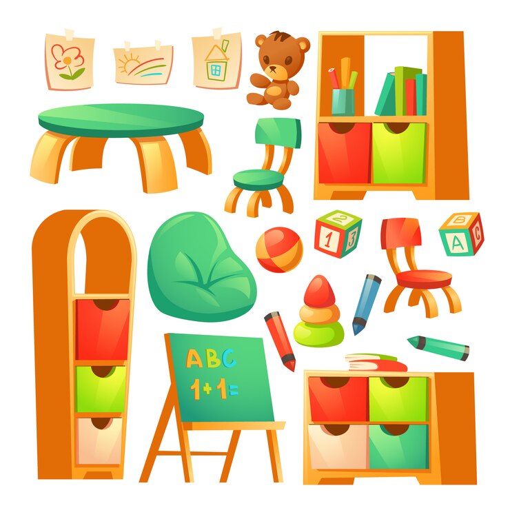 Vector gratuito mobiliario en jardín de infantes montessori.