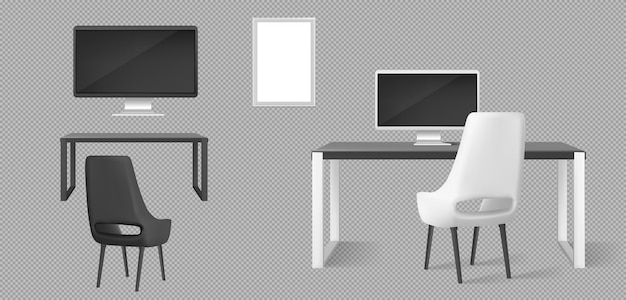 Vector gratuito mobiliario de oficina, escritorio, sillas y monitores